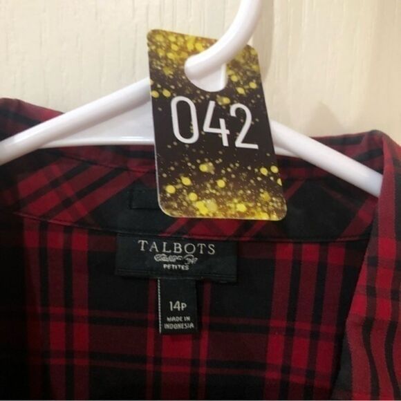 Talbots‎ Plaid ruffle trim 3/4 button blouse 14P - Picture 3 of 5